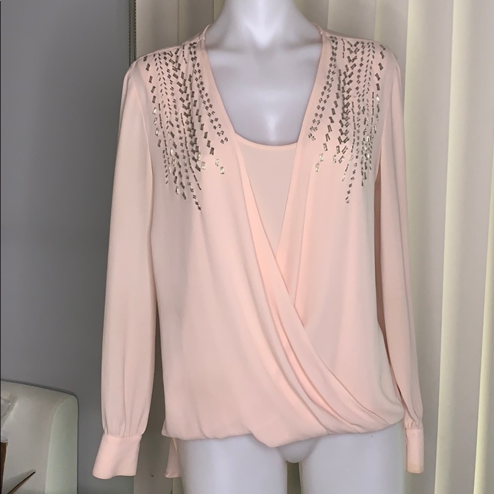 Cache Pastel Pink Beaded Overlay Long Sleeve Blouse women’s small